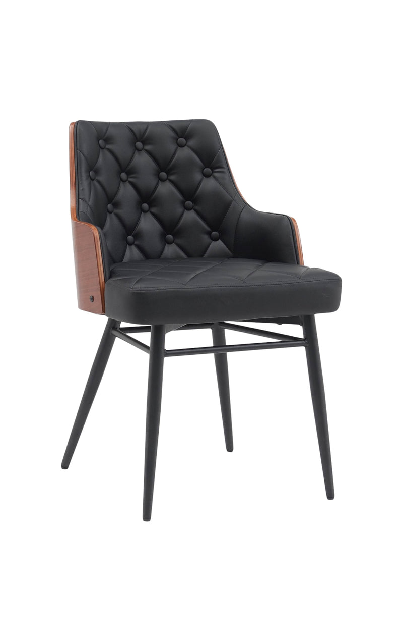Classic Indoor Metal Chair with Tufted Black Faux Leather Upholstery and Veneer Backrest
