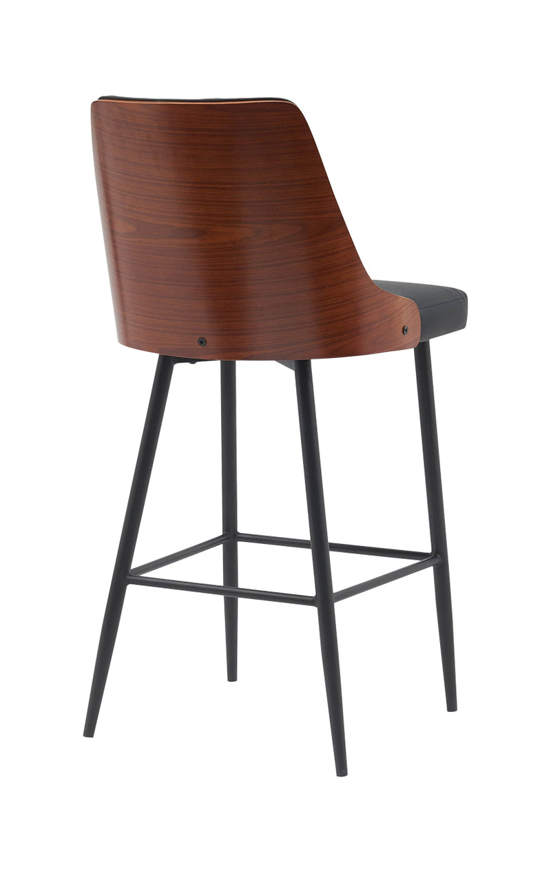 Chic Metal Dining Barstool with Diamond-Quilted Black Upholstery & Veneer Backrest for Indoor Use