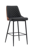 Chic Metal Dining Barstool with Diamond-Quilted Black Upholstery & Veneer Backrest for Indoor Use
