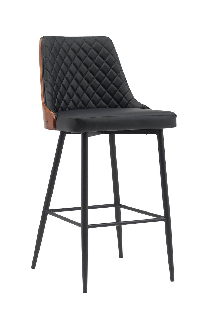 Chic Metal Dining Barstool with Diamond-Quilted Black Upholstery & Veneer Backrest for Indoor Use