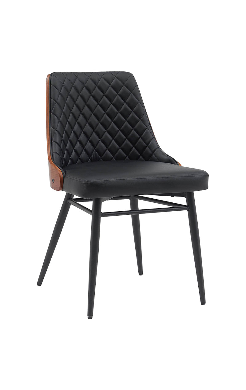Chic Metal Dining Chair with Diamond-Quilted Black Upholstery & Veneer Backrest for Indoor Use