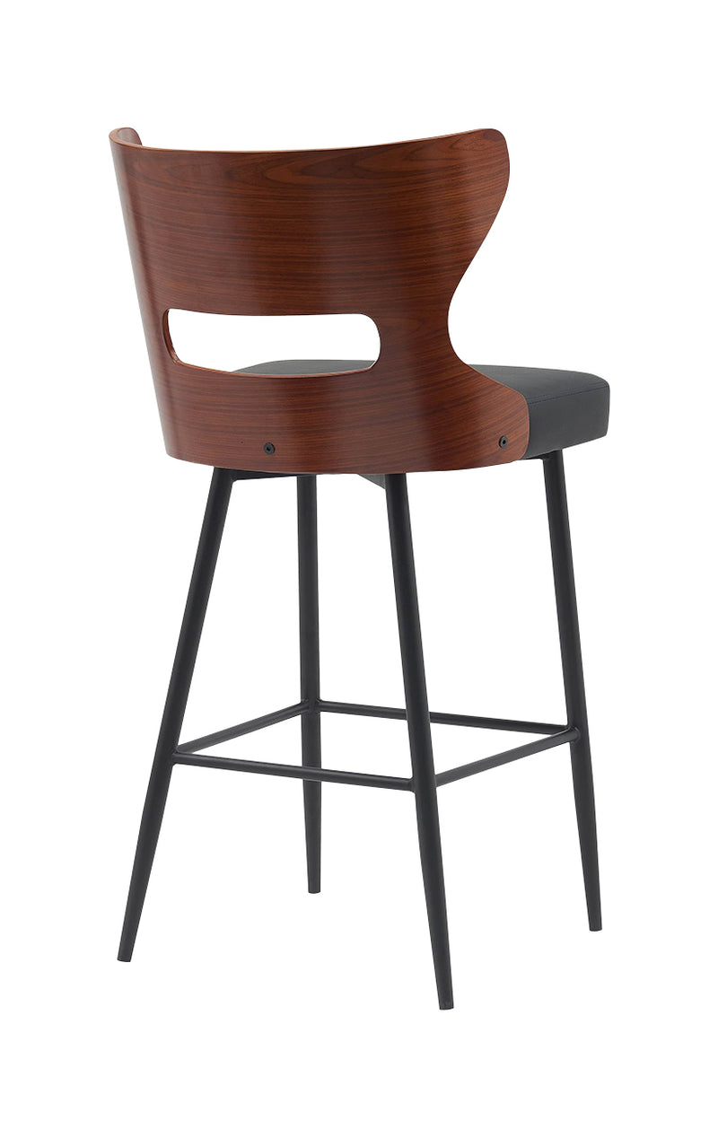 Stylish Metal Dining Barstool with Cutout Veneer Back and Padded Black Seat for Indoor Use