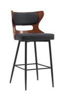Stylish Metal Dining Barstool with Cutout Veneer Back and Padded Black Seat for Indoor Use