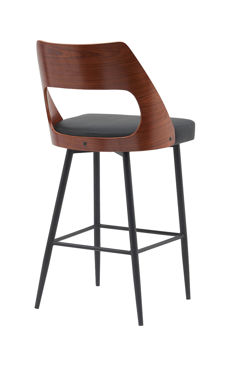 Sleek Indoor Metal Barstool with Split Veneer & Vinyl Backrest and Black Vinyl Seat