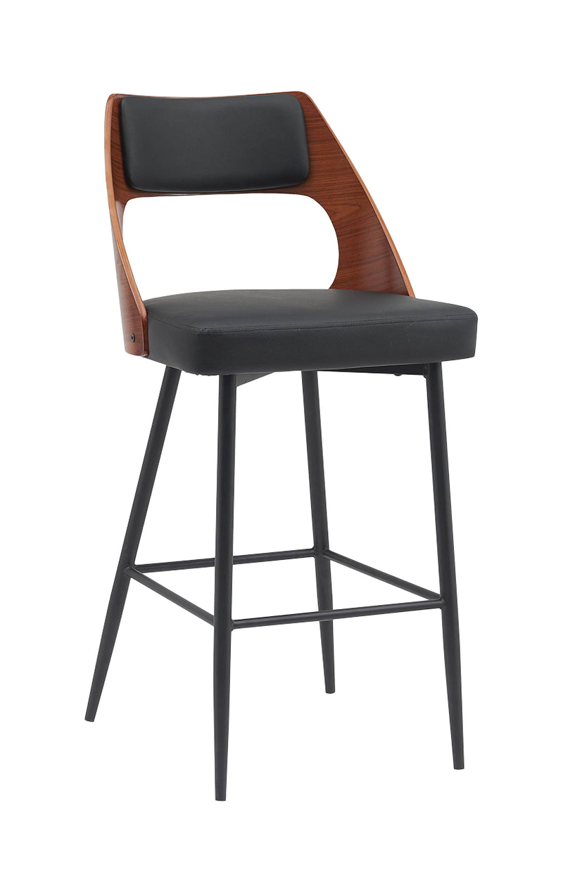 Sleek Indoor Metal Barstool with Split Veneer & Vinyl Backrest and Black Vinyl Seat