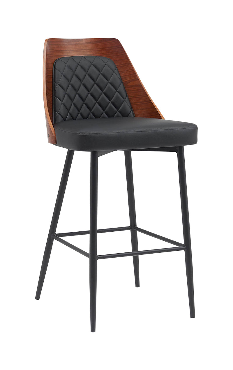 Dining Metal Barstool with Diamond-Tufted Vinyl Back and Veneer Backrest for Indoor Use