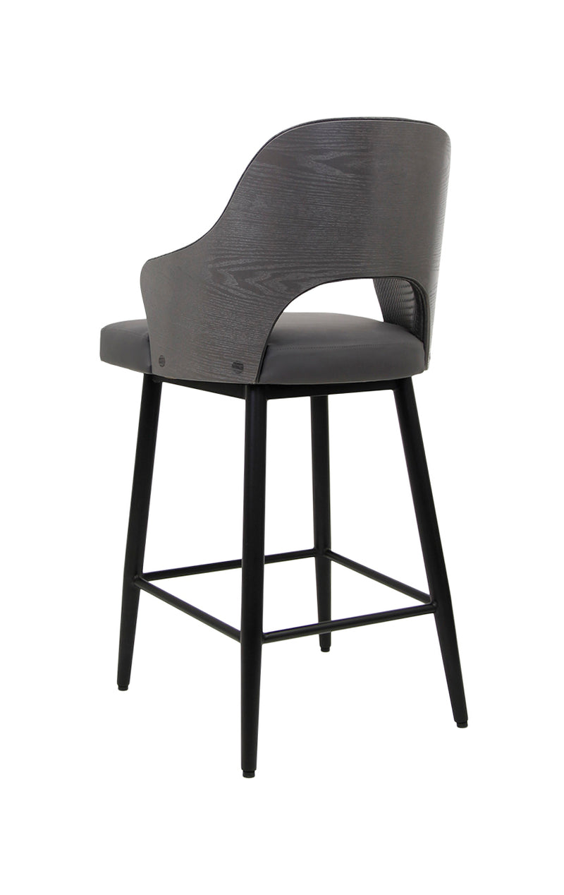 Chic Metal Barstool with Dark Grey Upholstered Seat and Textured Backrest for Indoor Use
