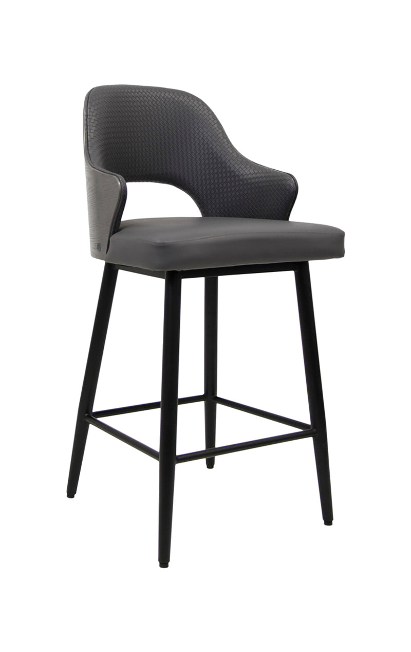 Chic Metal Barstool with Dark Grey Upholstered Seat and Textured Backrest for Indoor Use