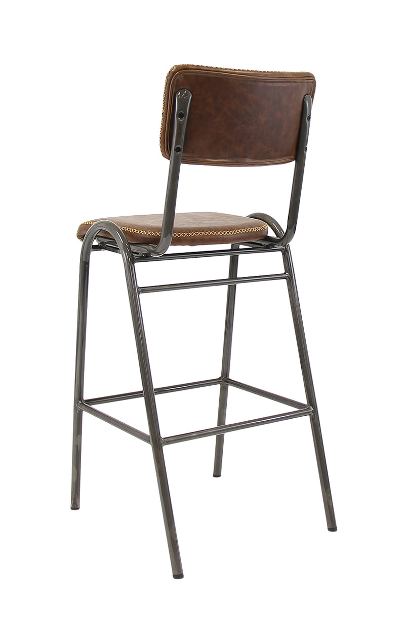Industrial Indoor Metal Barstool with Brown Upholstered Seat and Backrest