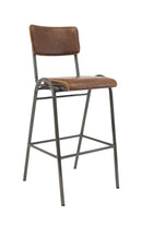 Industrial Indoor Metal Barstool with Brown Upholstered Seat and Backrest