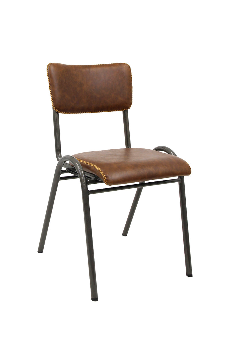 Industrial Indoor Metal Chair with Brown Upholstered Seat and Backrest