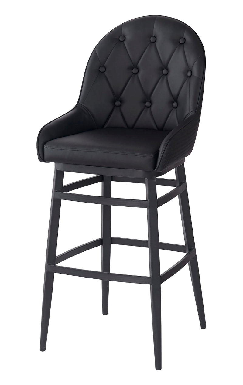 Elegant Black Metal Arm Barstool with Diamond-Pattern Tufted Backrest and Padded Vinyl Seat, Indoor Use