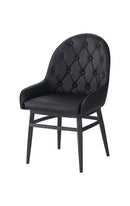 Elegant Black Metal Arm Chair with Diamond-Pattern Tufted Backrest and Padded Vinyl Seat, Indoor Use