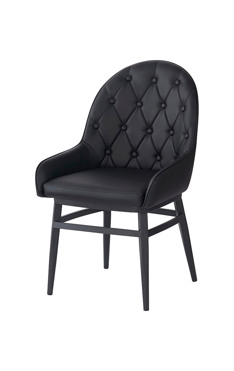 Elegant Black Metal Arm Chair with Diamond-Pattern Tufted Backrest and Padded Vinyl Seat, Indoor Use