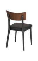 Dining Metal Chair with Black Vinyl Seat and Walnut Veneer Back for Indoor Use