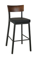 Dining Metal Barstool with Black Vinyl Seat and Walnut Veneer Back for Indoor Us