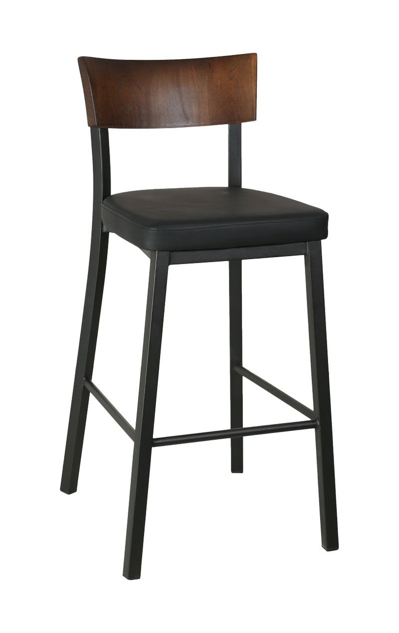 Dining Metal Barstool with Black Vinyl Seat and Walnut Veneer Back for Indoor Us