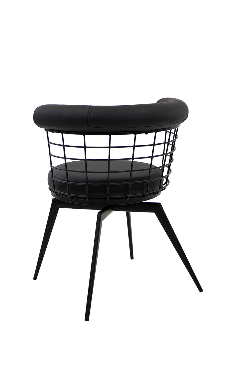 Stylish Indoor Black Swivel Chair with Black Upholstered Cushion and Metal Wire Backrest