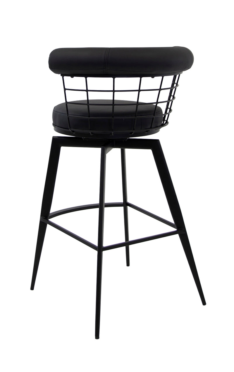 Stylish Indoor Black Swivel Barstool with Black Upholstered Cushion and Metal Wire Backrest