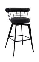 Stylish Indoor Black Swivel Barstool with Black Upholstered Cushion and Metal Wire Backrest