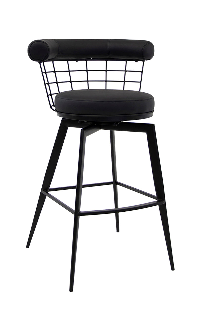 Stylish Indoor Black Swivel Barstool with Black Upholstered Cushion and Metal Wire Backrest