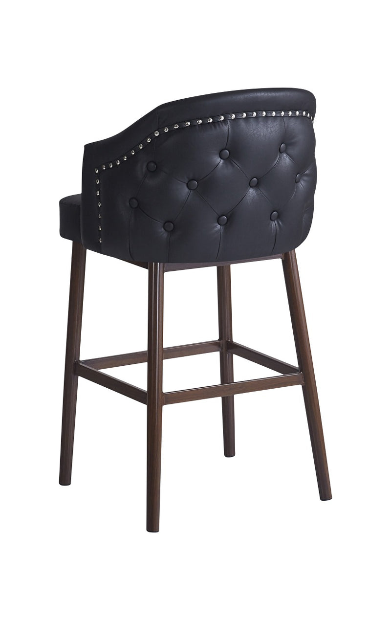 Stylized Bar Stool with Black Upholstered Back and Seat for Indoor Use
