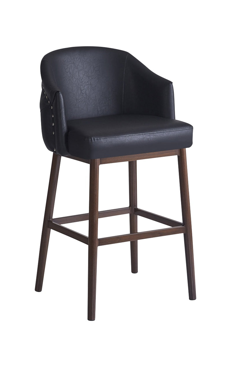 Stylized Bar Stool with Black Upholstered Back and Seat for Indoor Use