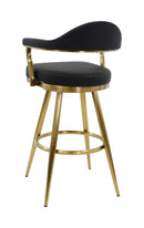 Indoor Swivel Barstool with Black Vinyl Seat, Curved Backrest, and Gold Metal Frame
