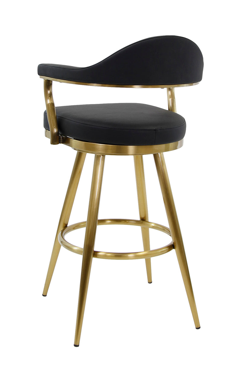 Indoor Swivel Barstool with Black Vinyl Seat, Curved Backrest, and Gold Metal Frame