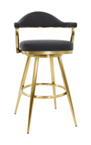 Indoor Swivel Barstool with Black Vinyl Seat, Curved Backrest, and Gold Metal Frame