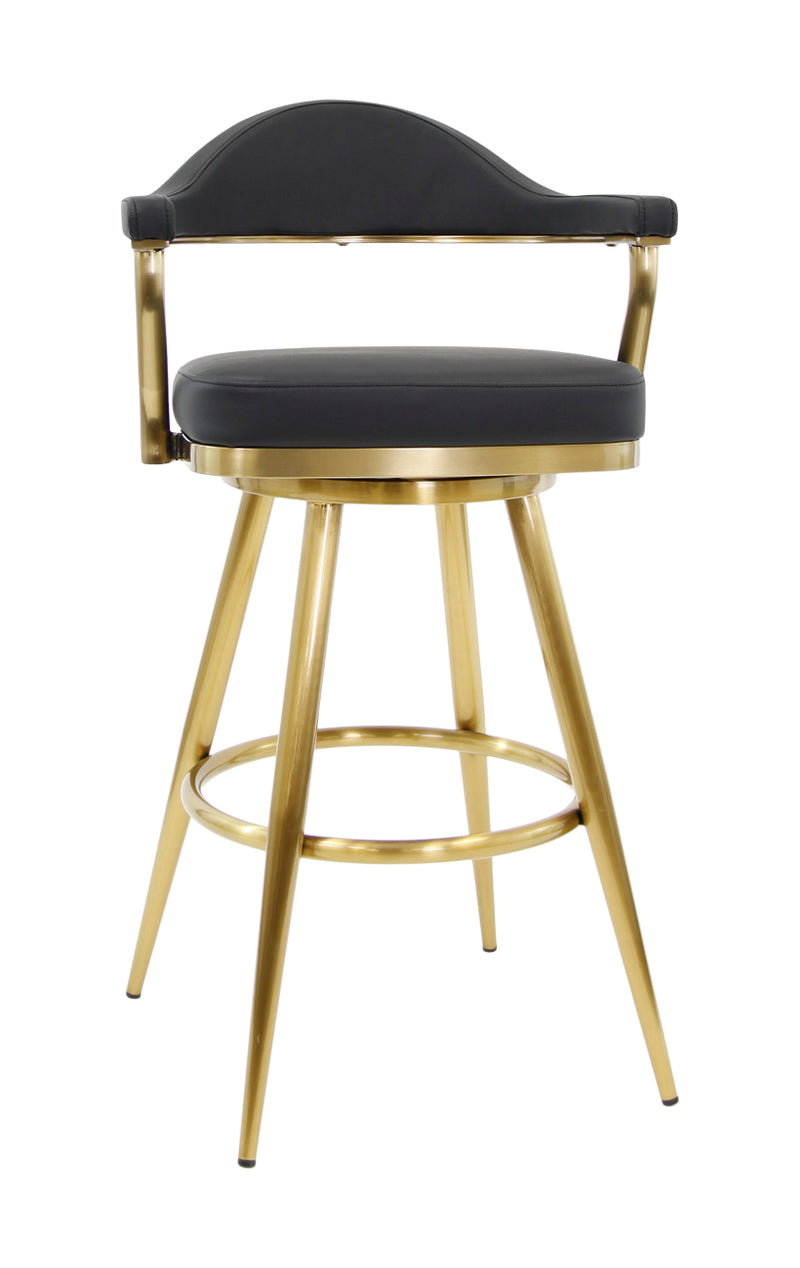 Indoor Swivel Barstool with Black Vinyl Seat, Curved Backrest, and Gold Metal Frame