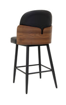 Black Metal Barstool with Walnut Veneer Backrest and Padded Seat, Indoor Use