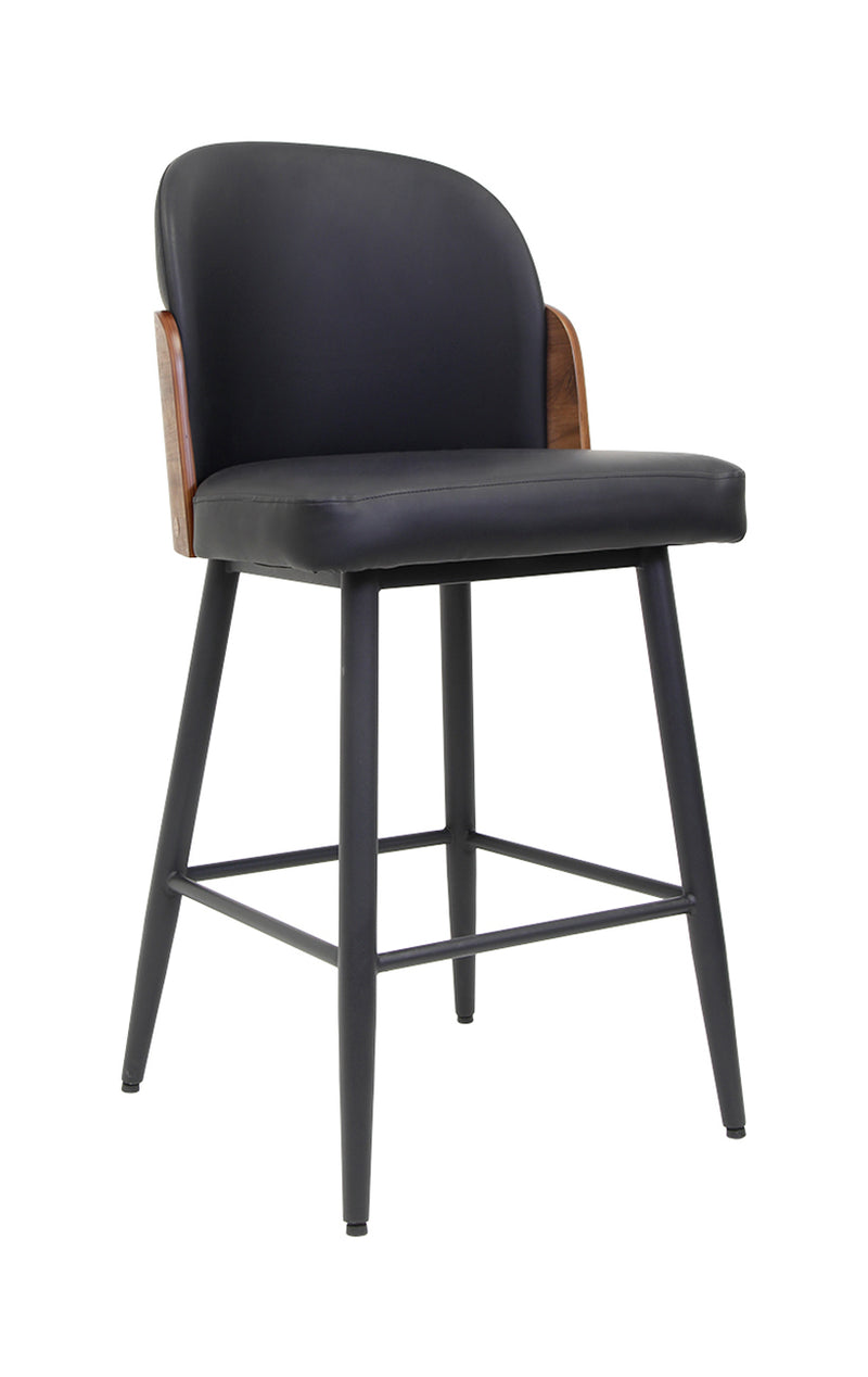 Black Metal Barstool with Walnut Veneer Backrest and Padded Seat, Indoor Use
