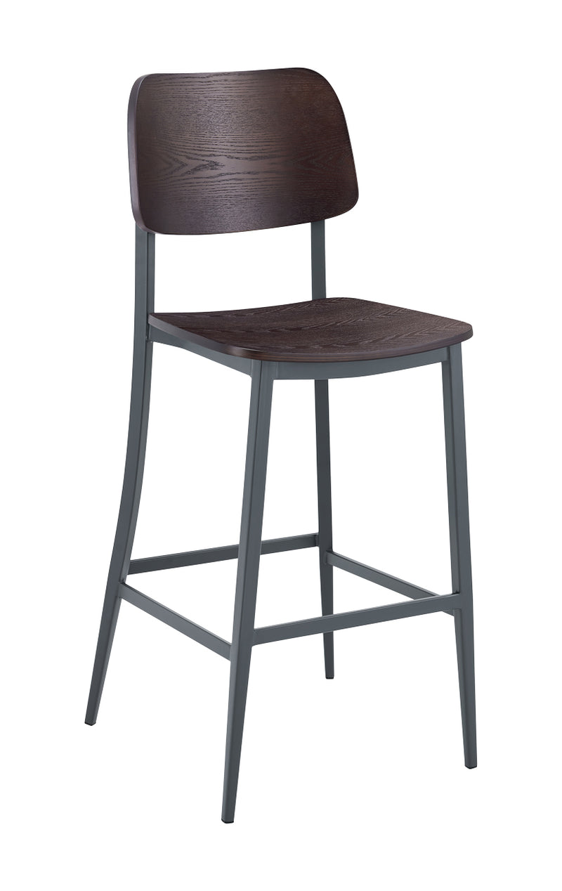 Indoor Modern Black Metal Barstool with Walnut Veneer Seat and Back