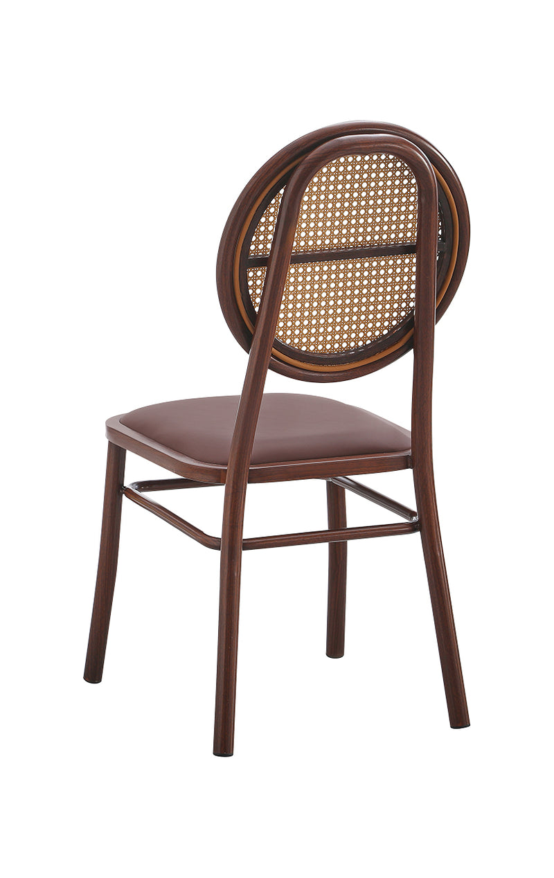 Indoor Metal Chair with Poly Woven Backrest and Cushioned Mahogany Vinyl Seat