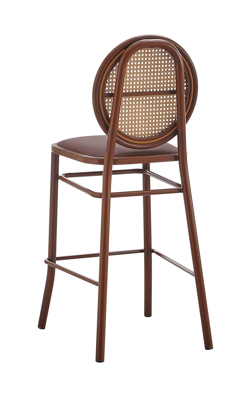 Indoor Metal Barstool with Poly Woven Backrest and Cushioned Mahogany Vinyl Seat