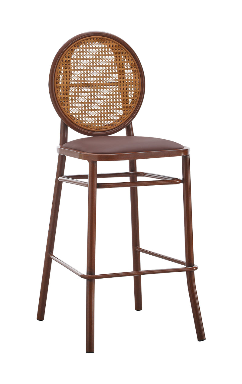 Indoor Metal Barstool with Poly Woven Backrest and Cushioned Mahogany Vinyl Seat