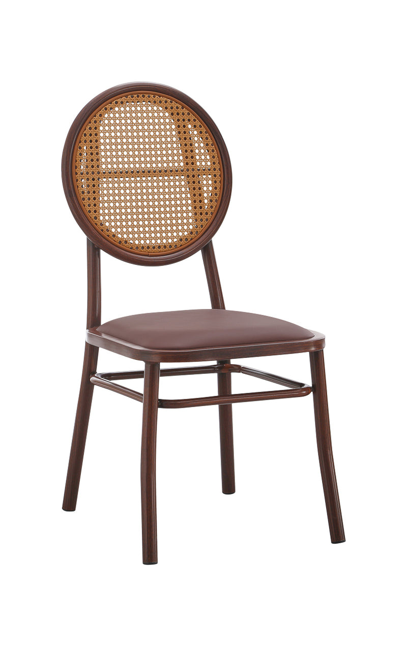 Indoor Metal Chair with Poly Woven Backrest and Cushioned Mahogany Vinyl Seat