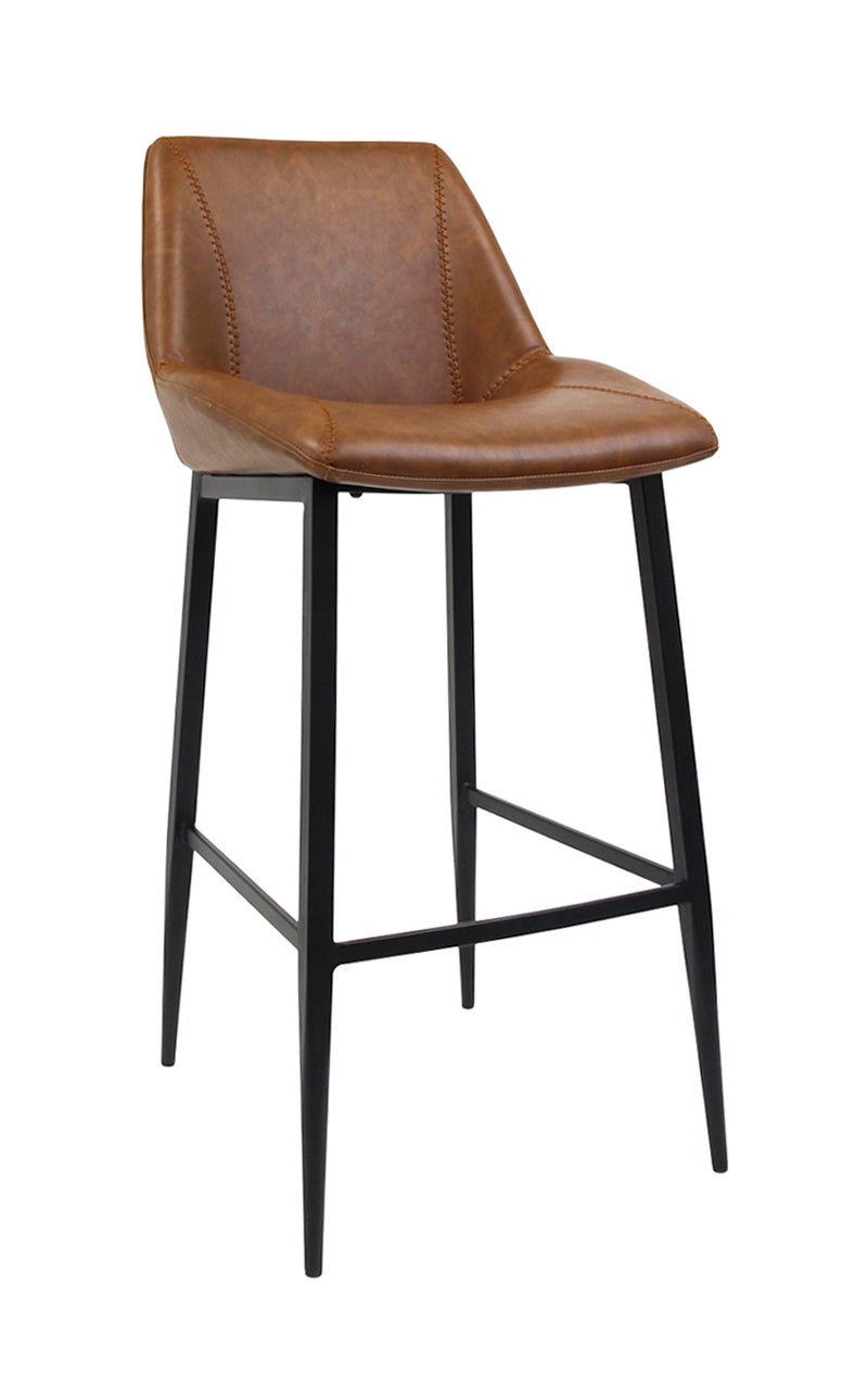 Modern Metal Barstool with Brown Vinyl Seat and Decorative Stitching for Indoor Use