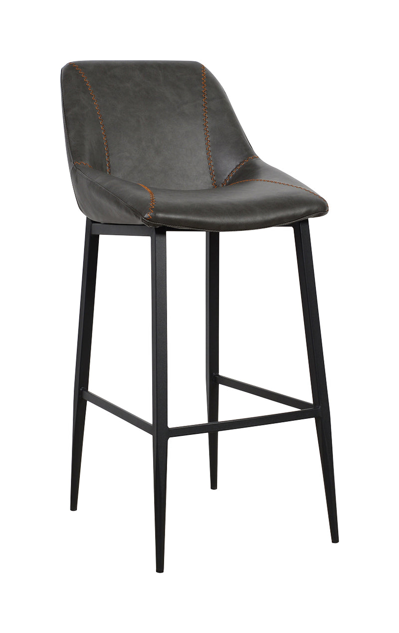 Modern Metal Barstool with Dark Grey Vinyl Seat and Decorative Stitching for Indoor Use