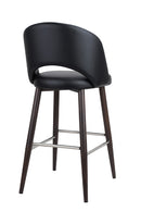 Black Upholstered Indoor Barstool with Dark Walnut Metal Woodgrain Legs & Chrome Footrest