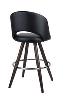 Black Upholstered Indoor Swivel Barstool with Dark Walnut Metal Woodgrain Legs & Chrome Footrest