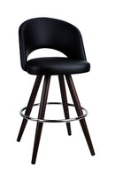 Black Upholstered Indoor Swivel Barstool with Dark Walnut Metal Woodgrain Legs & Chrome Footrest
