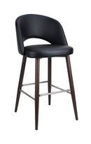 Black Upholstered Indoor Barstool with Dark Walnut Metal Woodgrain Legs & Chrome Footrest