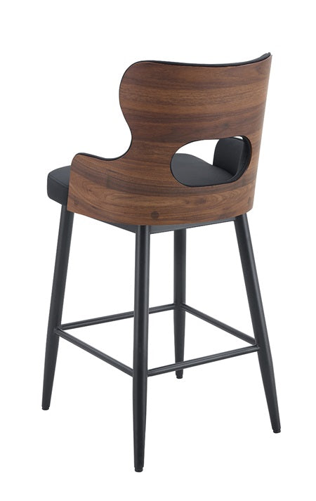 Indoor Black Vinyl Padded Metal Armed Barstool with Veneer Back Panel
