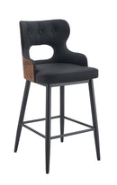 Indoor Black Vinyl Padded Metal Armed Barstool with Veneer Back Panel