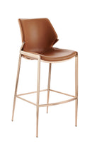 Indoor Camel Brown Vinyl Barstool with Curved Backrest and Gold Metal Frame
