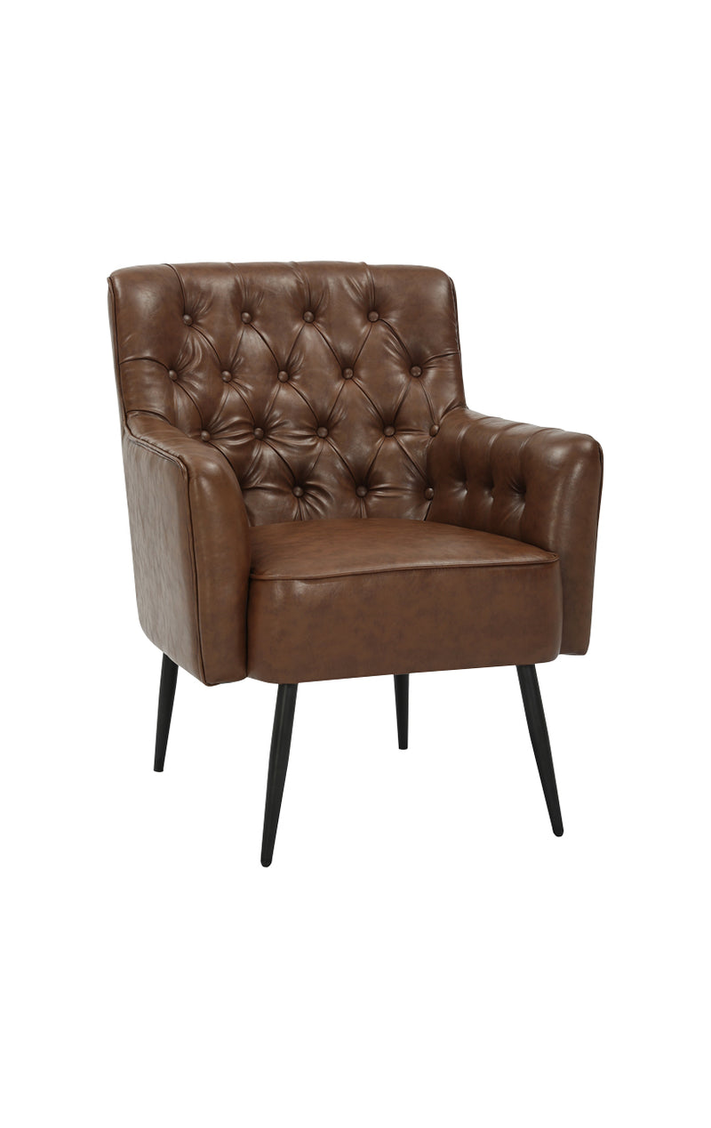 Vintage Metal Arm Chair with BrownTufted Back and Cushioned Seat for Indoor Use