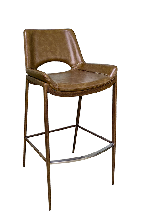 Wood Grain Metal Barstool with Tan Brown Vinyl Back & Seat for Indoor Use-1