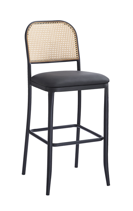 Metal Barstool with Poly Woven Back & Black Vinyl Seat for Indoor Use